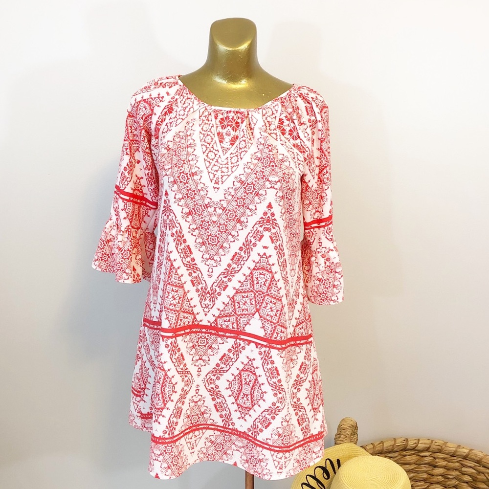 🔴 Red Print Dress Scoop Neck Long Sleeve Boho Style Women’s Medium Heart Soul
